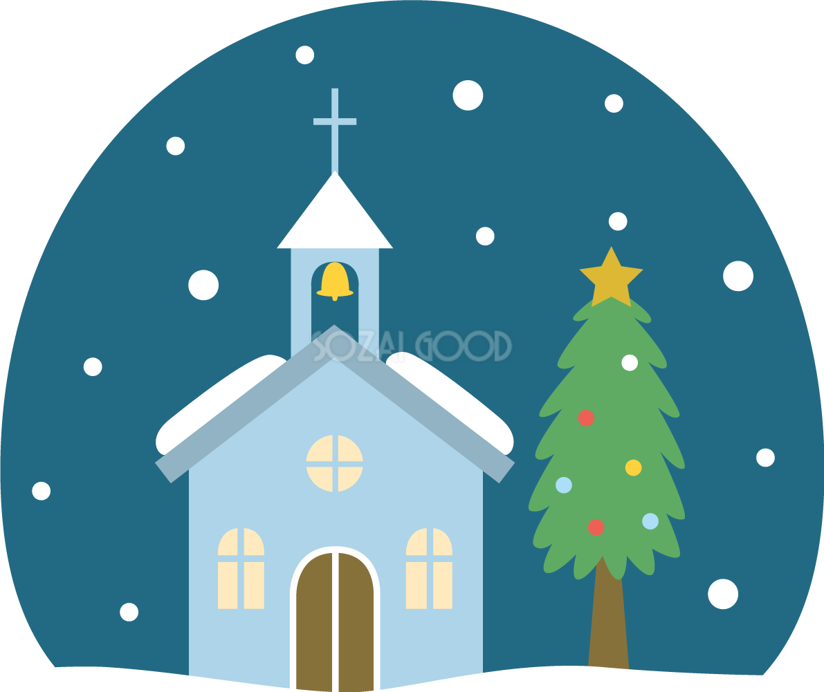 雪が降るクリスマスの日の教会 かわいいイラスト無料 フリー90082