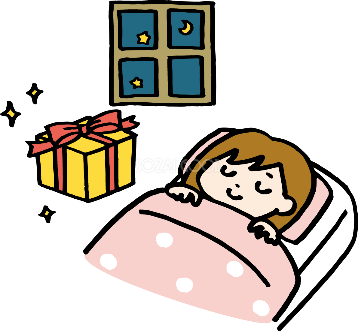 眠る子供とプレゼント かわいいクリスマスイラスト無料 フリー90083
