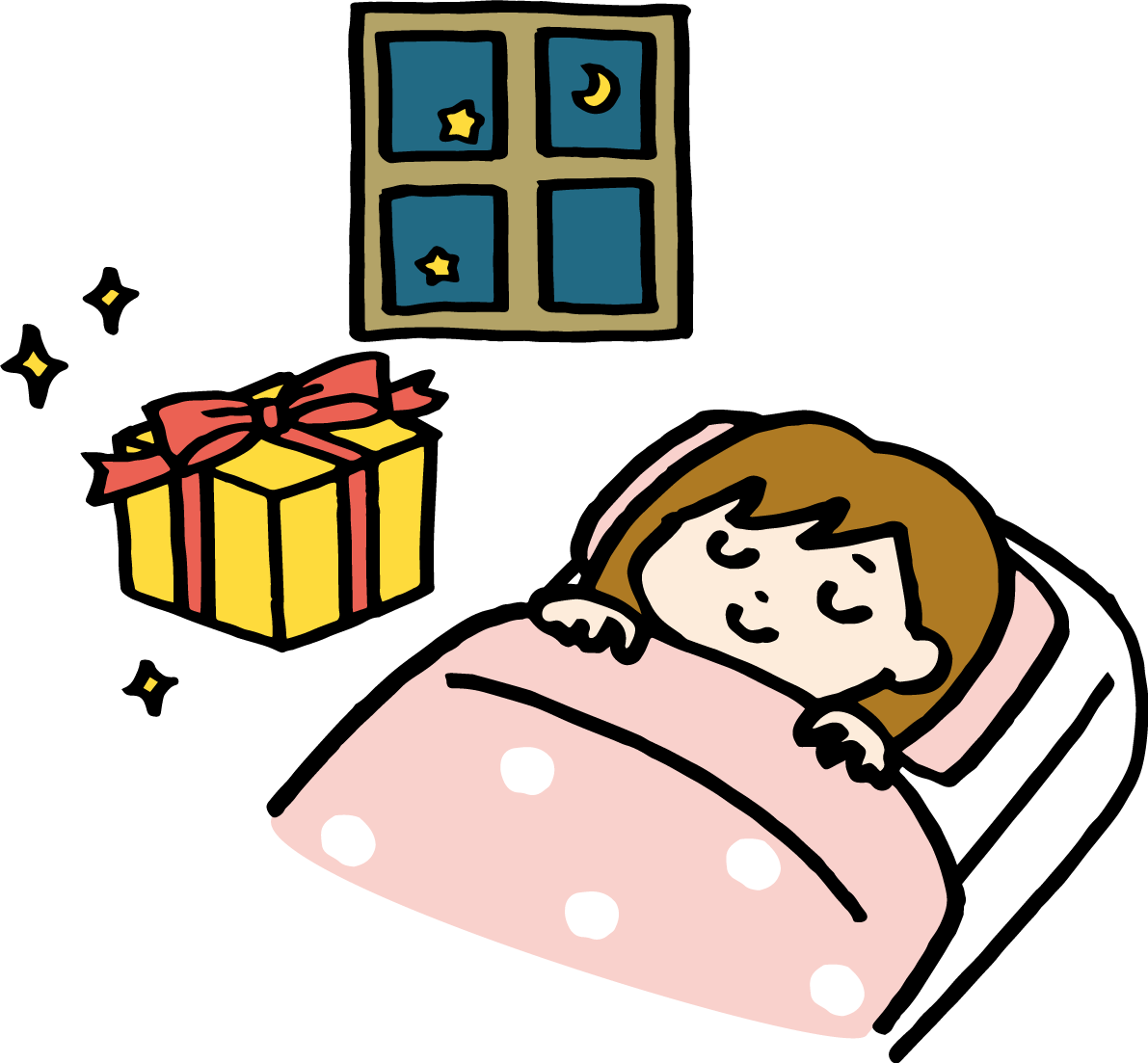 眠る子供とプレゼント かわいいクリスマスイラスト無料 フリー90083に写真・文字を入れる
