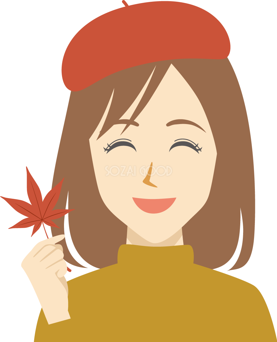 秋 もみじ 女性 笑顔イラスト無料 フリー90091