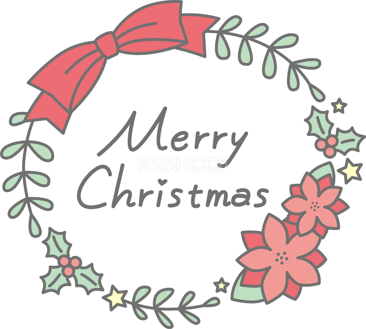 リースの中にMerry Christmas(メリークリスマス)文字 かわいいイラスト無料 フリー90128