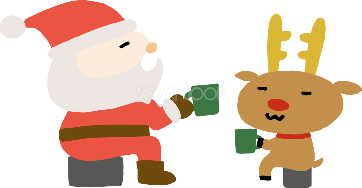 飲み物を飲むゆるいトナカイとサンタクロース かわいいクリスマスイラスト無料 フリー90129