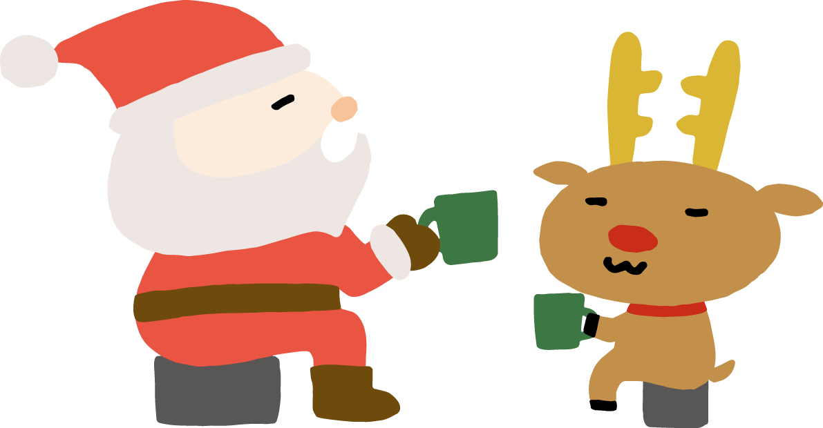 飲み物を飲むゆるいトナカイとサンタクロース かわいいクリスマスイラスト無料 フリー90129に写真・文字を入れる