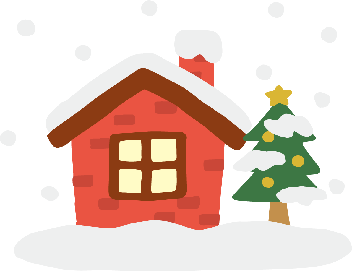 雪が降るクリスマスの日の小さな家とツリー かわいいイラスト無料 フリー90138に写真・文字を入れる