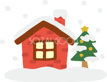 雪が降るクリスマスの日の小さな家とツリー かわいいイラスト無料 フリー90138