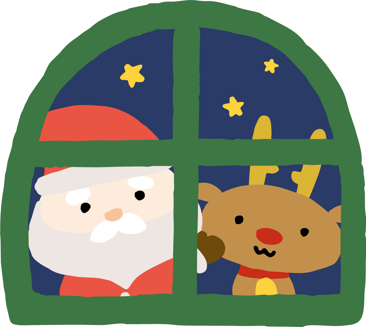 窓からのぞくゆるいトナカイとサンタクロース かわいいクリスマスイラスト無料 フリー90139に写真・文字を入れる