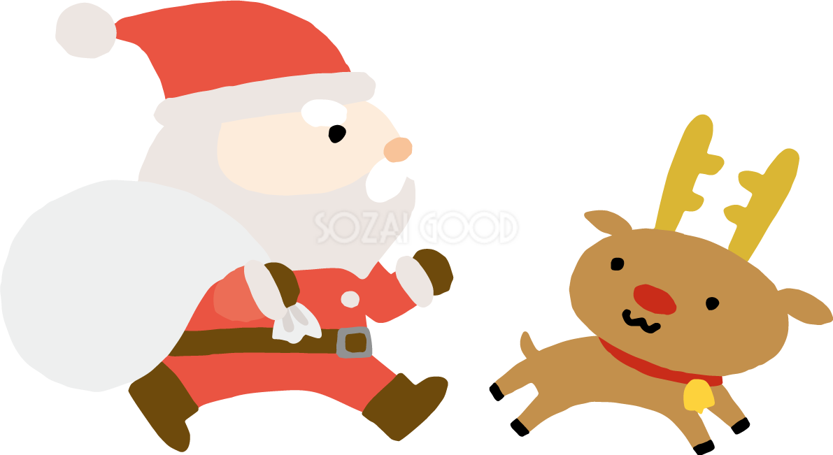 歩くゆるいトナカイとサンタクロース かわいいクリスマスイラスト無料 フリー90140