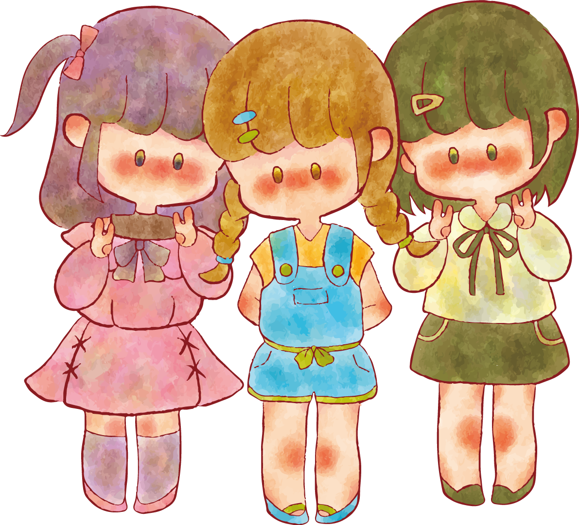 女の子 手書きかわいい 3人組イラスト無料 フリー90214に写真・文字を入れる
