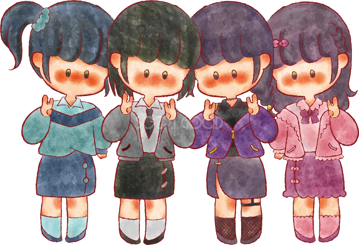 女の子 手書きかわいい 4人組 イラスト無料 フリー90215