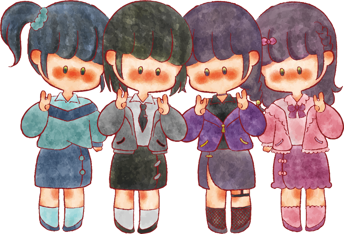 女の子 手書きかわいい 4人組 イラスト無料 フリー90215に写真・文字を入れる