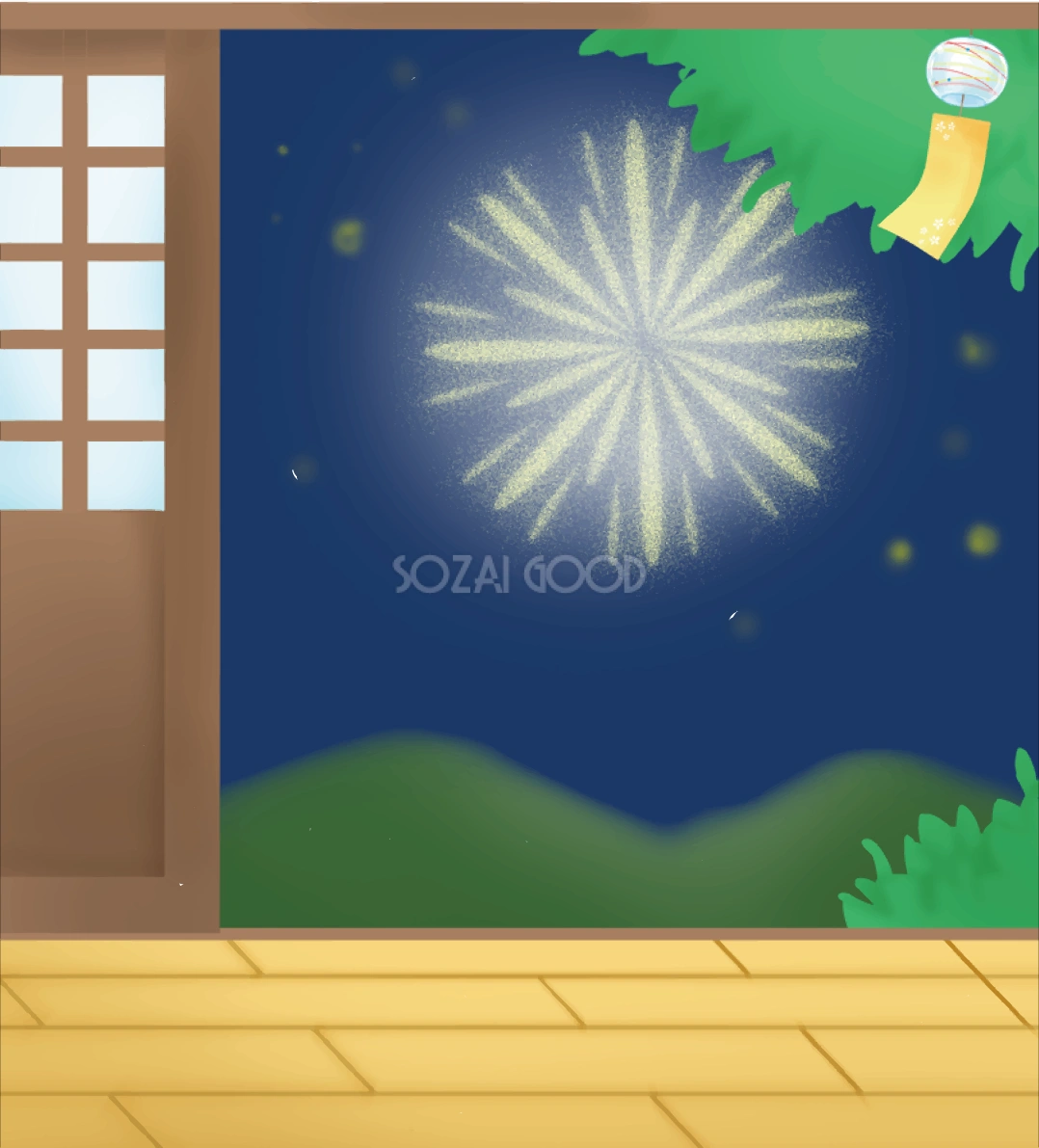 風鈴 縁側 花火 イラスト無料 フリー90280