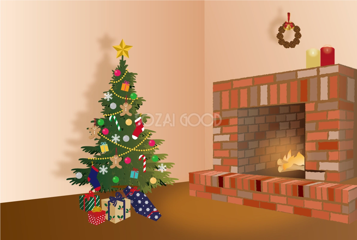 クリスマス 暖炉とツリー 背景 イラスト無料 フリー90444