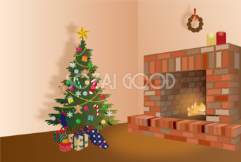 クリスマス 暖炉とツリー 背景 イラスト無料 フリー90444