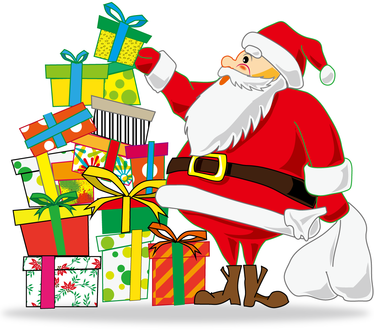 クリスマス おしゃれ プレゼントを積むサンタクロースイラスト無料 フリー90565に写真・文字を入れる