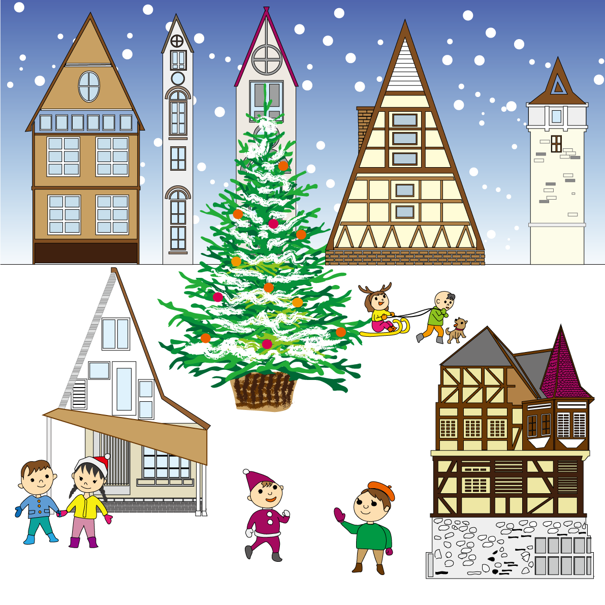 クリスマス 街並みイラスト無料 フリー素材90590に写真・文字を入れる