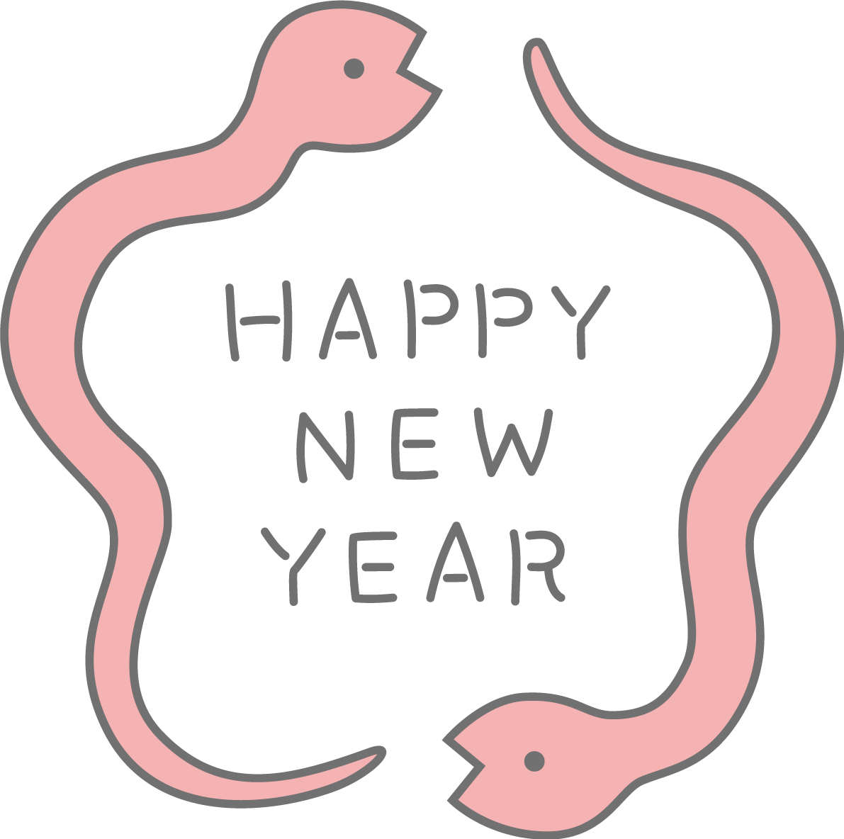 HAPPY NEW YEARの文字を花の形に囲む2匹の蛇 かわいい2025 巳年イラスト無料 フリー91120に写真・文字を入れる