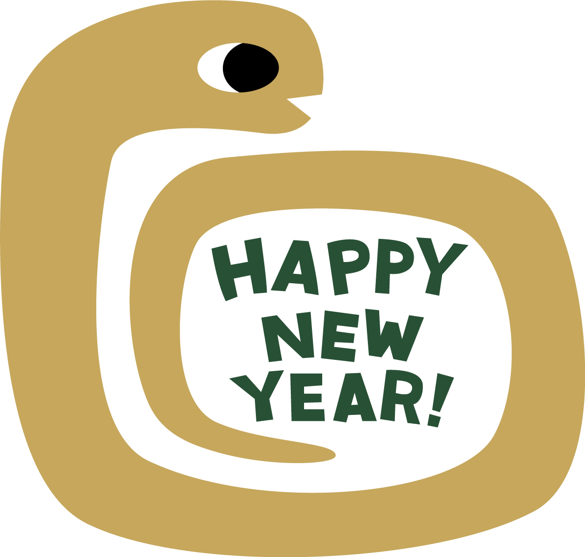 アースカラーのHAPPY NEW YEARの文字 ロゴをぐるりと囲む蛇 かわいい2025 巳年イラスト無料 フリー91428に写真・文字を入れる