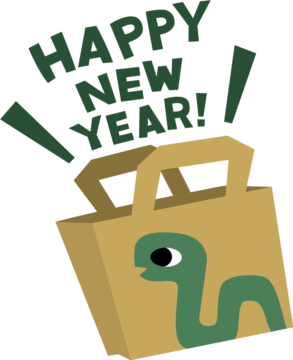 アースカラーの蛇柄の紙袋からHAPPY NEW YEARの文字 ロゴ かわいい2025 巳年イラスト無料 フリー91430に写真・文字を入れる