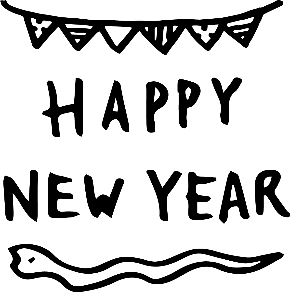 モノクロのHAPPY NEW YEARの文字 ロゴとガーランドと蛇 かわいい2025 巳年イラスト無料 フリー91441に写真・文字を入れる