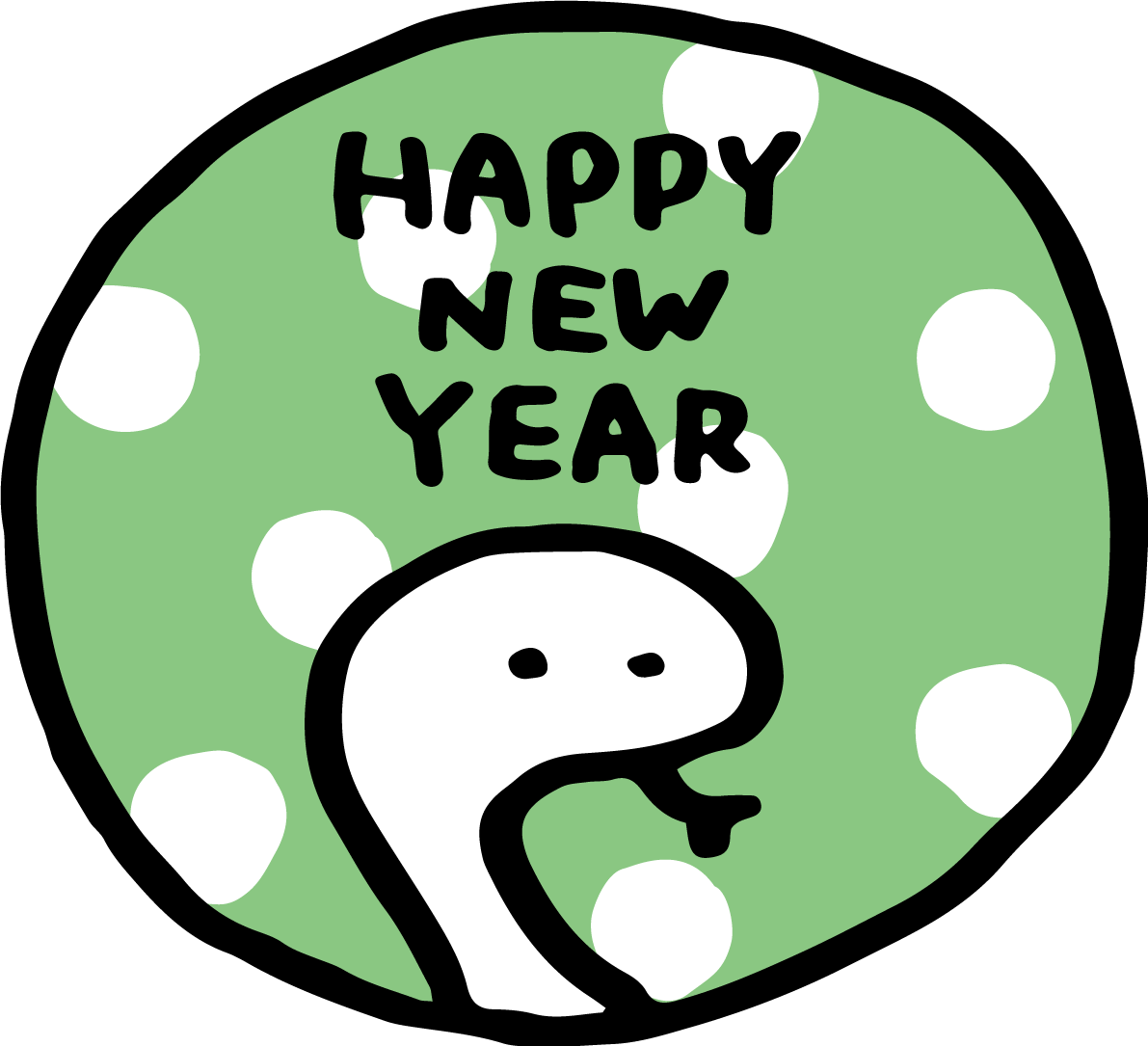 水玉模様の円の中にHAPPY NEW YEARの文字 ロゴと白蛇 かわいい2025 巳年イラスト無料 フリー91444に写真・文字を入れる