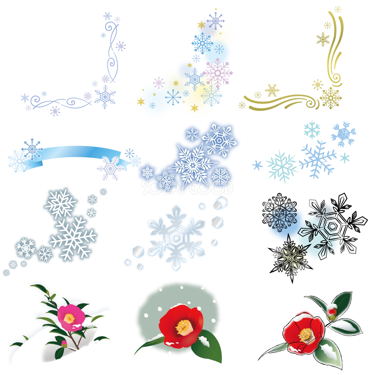 冬 雪の結晶 椿 挿絵 セット素材集 無料 フリー91505