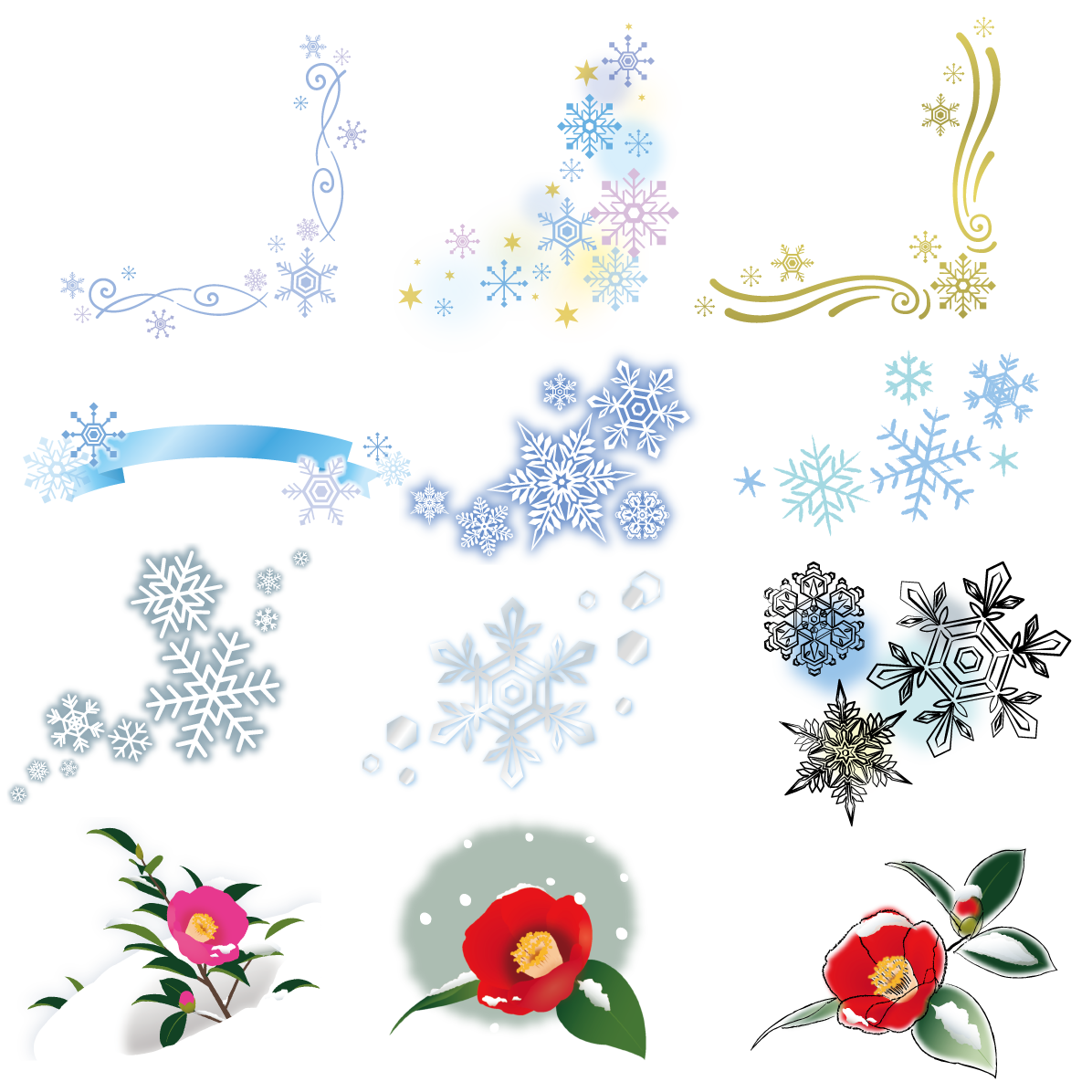 冬 雪の結晶 椿 挿絵 セット素材集 無料 フリー91505に写真・文字を入れる