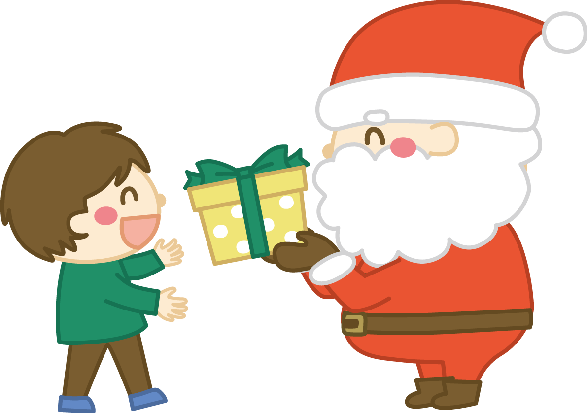 子供にプレゼントを渡す笑顔のサンタクロース かわいい クリスマス イラスト無料 フリー91520に写真・文字を入れる