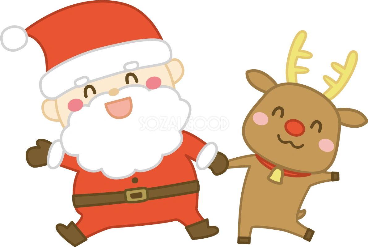 笑顔で手を繋ぐトナカイとサンタクロース かわいい クリスマス イラスト無料 フリー91521