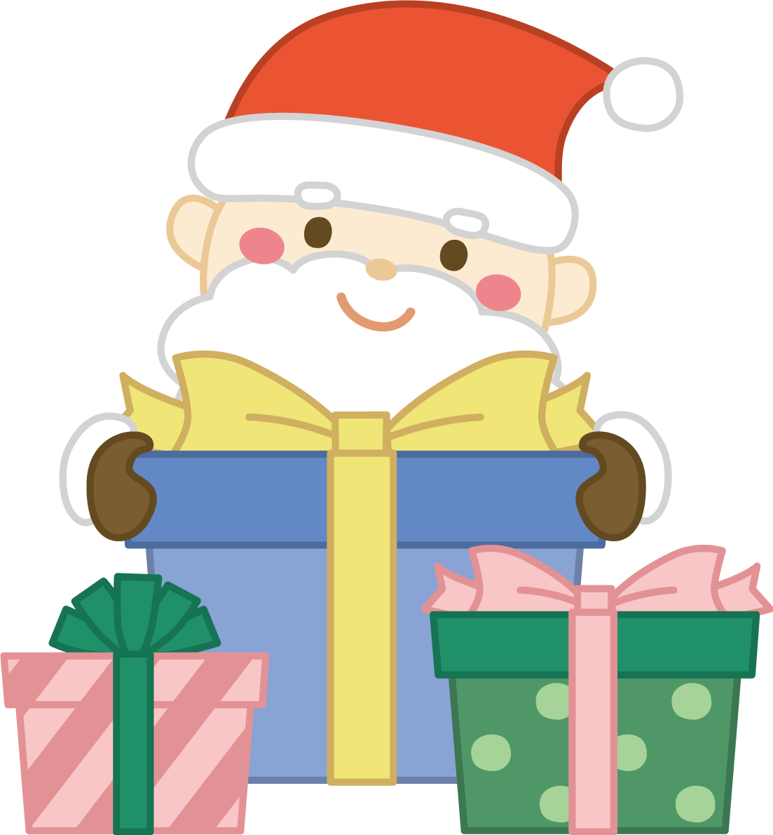 色んなプレゼントボックスの後ろにサンタクロース かわいい クリスマス イラスト無料 フリー91523に写真・文字を入れる