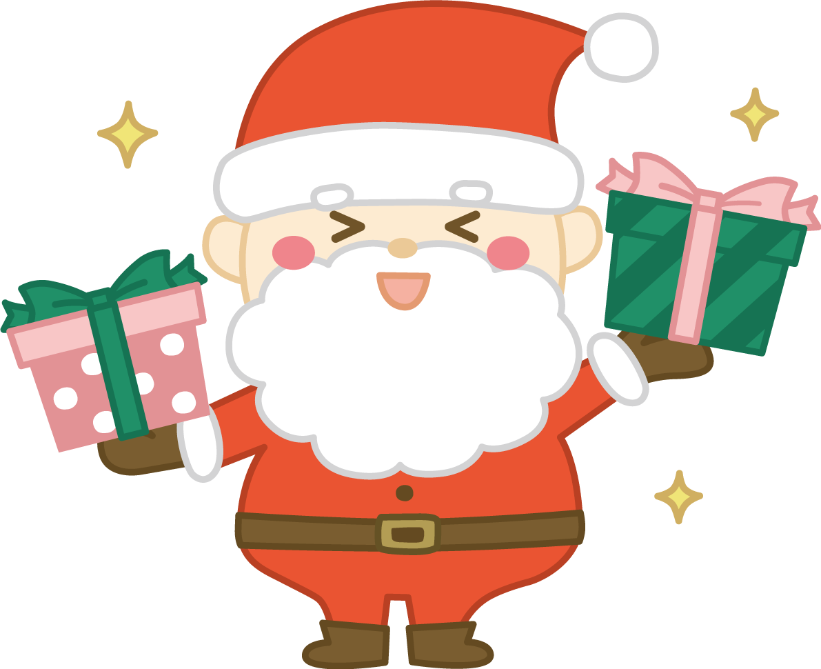 両手にプレゼントボックスを持つサンタクロース かわいい クリスマス イラスト無料 フリー91526に写真・文字を入れる
