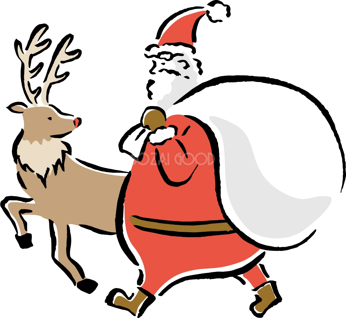 トナカイと見つめ合いながら歩くサンタクロース おしゃれ筆書き風 クリスマス イラスト無料 フリー91549