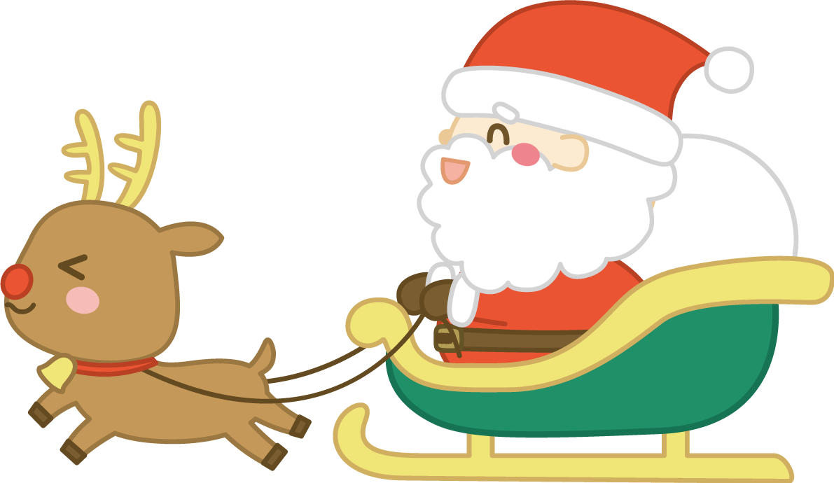前を向いてソリに乗るサンタクロースとトナカイ かわいい クリスマス イラスト無料 フリー91557に写真・文字を入れる