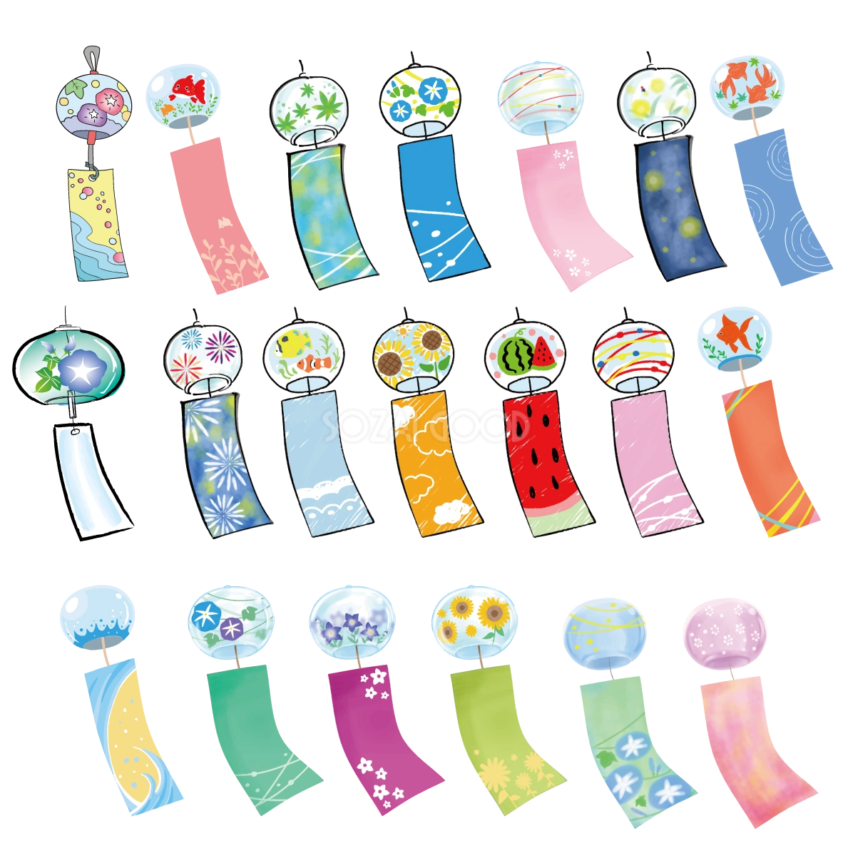 かわいい風鈴イラスト20種類セット|夏・金魚・花火・朝顔【無料素材】91567