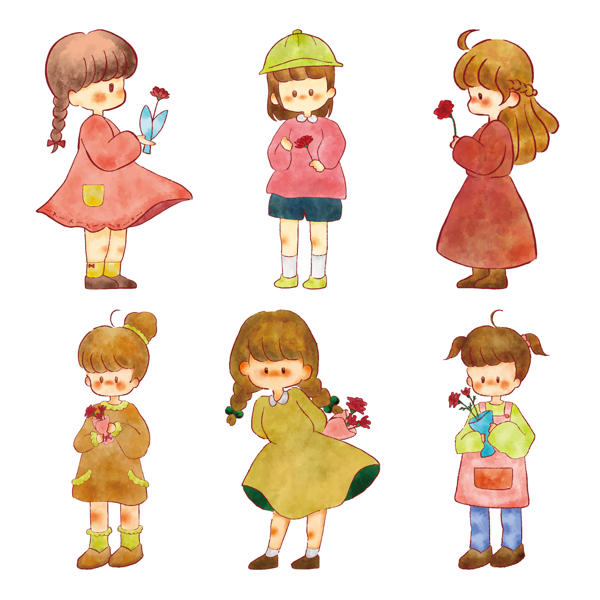 女の子 カーネーション 母の日 花 かわいい イラスト セット素材集 無料 フリー91569に写真・文字を入れる