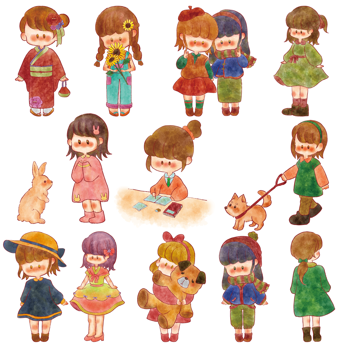 女の子 かわいい イラスト セット素材集 無料 フリー91571に写真・文字を入れる