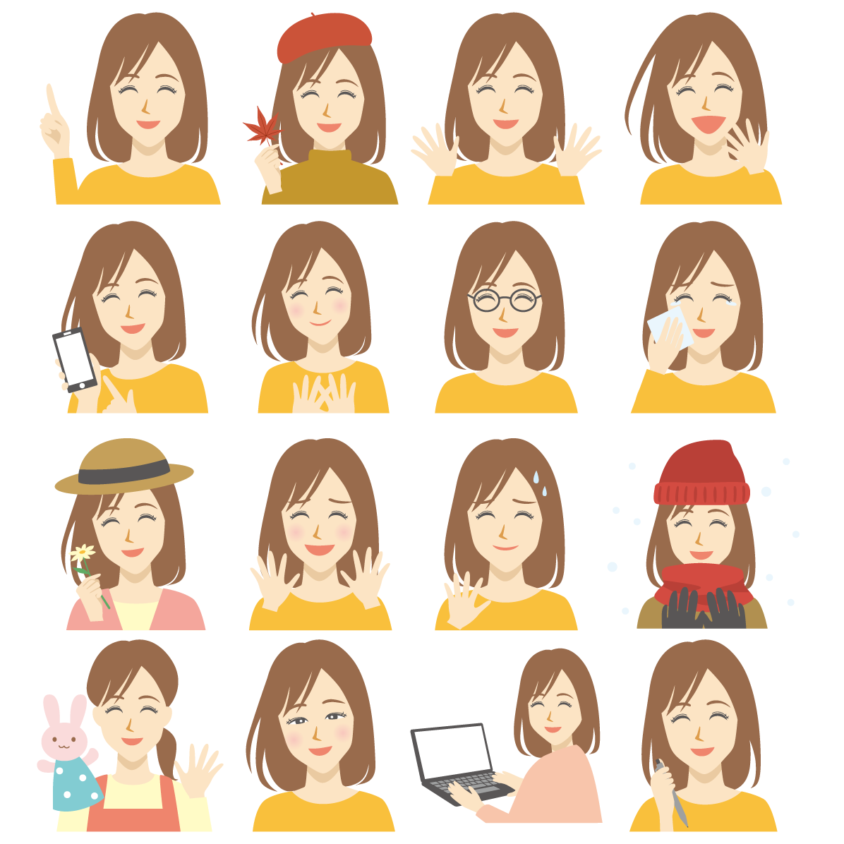 女性 笑顔 イラスト セット素材集 無料 フリー91575に写真・文字を入れる