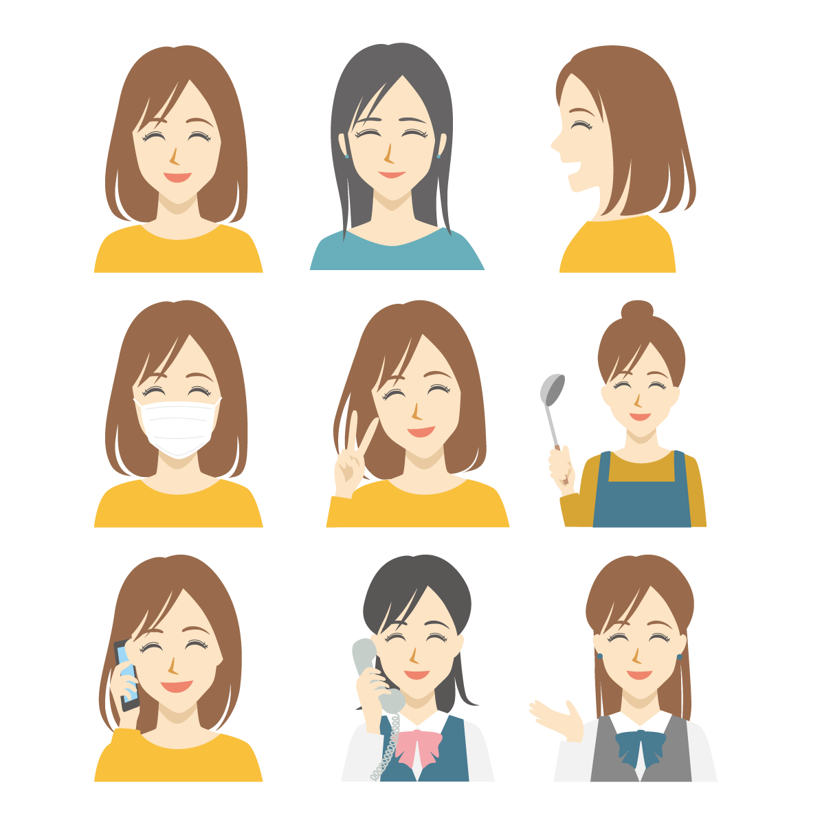 女性 笑顔 イラスト セット素材集 無料 フリー91576に写真・文字を入れる