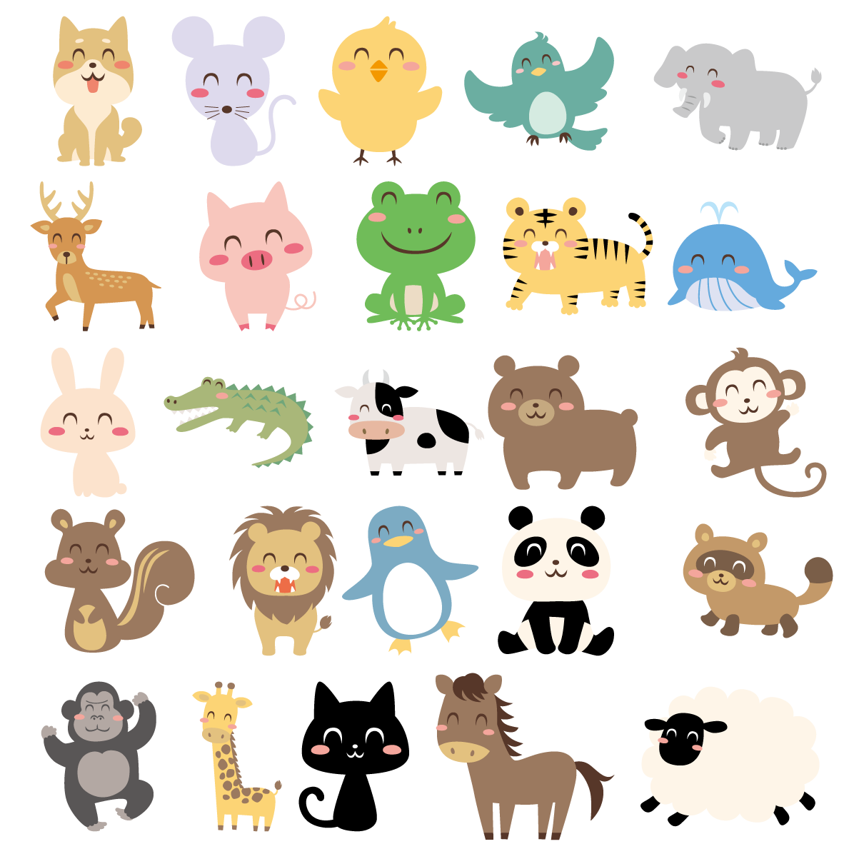 かわいい動物イラスト25種類セット｜犬・猫・うさぎ・ライオンなど【無料素材】91579に写真・文字を入れる