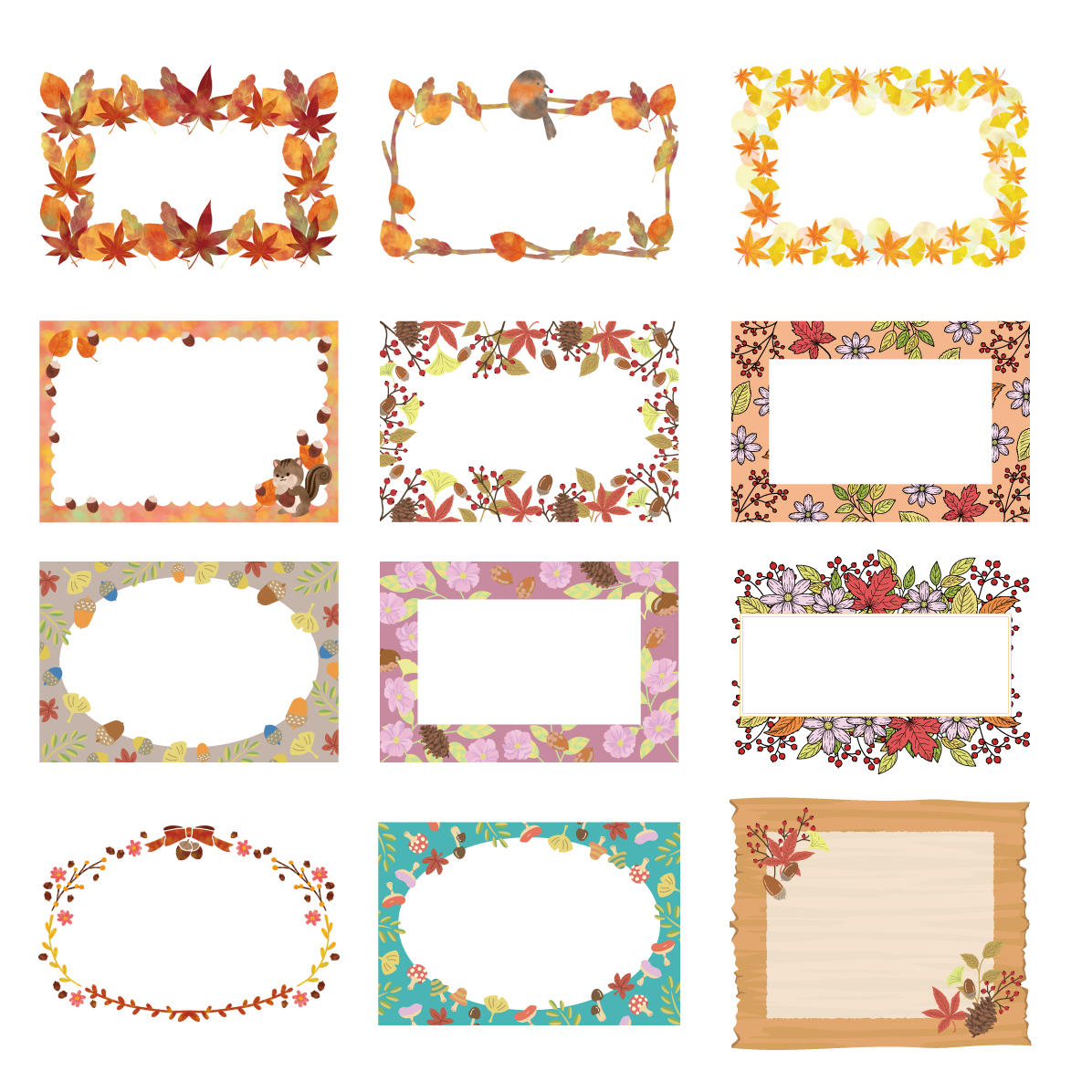 かわいい秋のフレーム・飾り枠イラスト12種類セット｜紅葉・もみじ・どんぐり【無料素材】91582に写真・文字を入れる