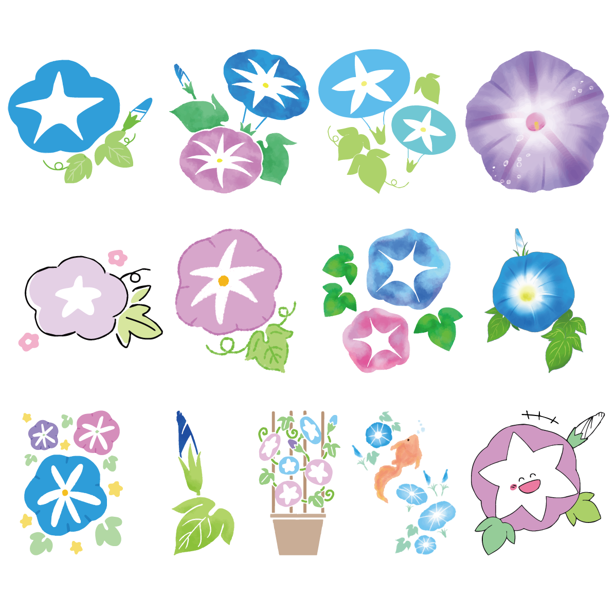 かわいい朝顔イラスト13種類セット｜夏の花・あさがお・水彩・手描き【無料素材】91587に写真・文字を入れる