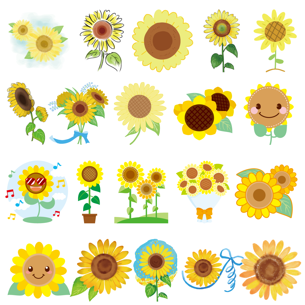かわいいひまわりイラスト20種類セット｜夏の花・向日葵・手描き【無料素材】91591に写真・文字を入れる