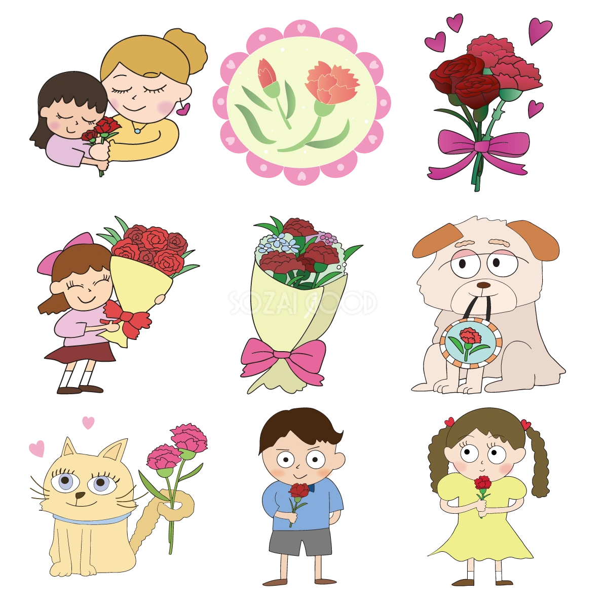 母の日 カーネーション イラスト 犬 猫 女の子 男の子 セット素材集 無料 フリー91594