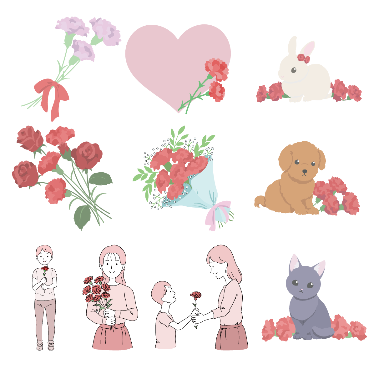 母の日 カーネーション イラスト 犬 猫 うさぎ 女の子 男の子 お母さん セット素材集 無料 フリー91596に写真・文字を入れる