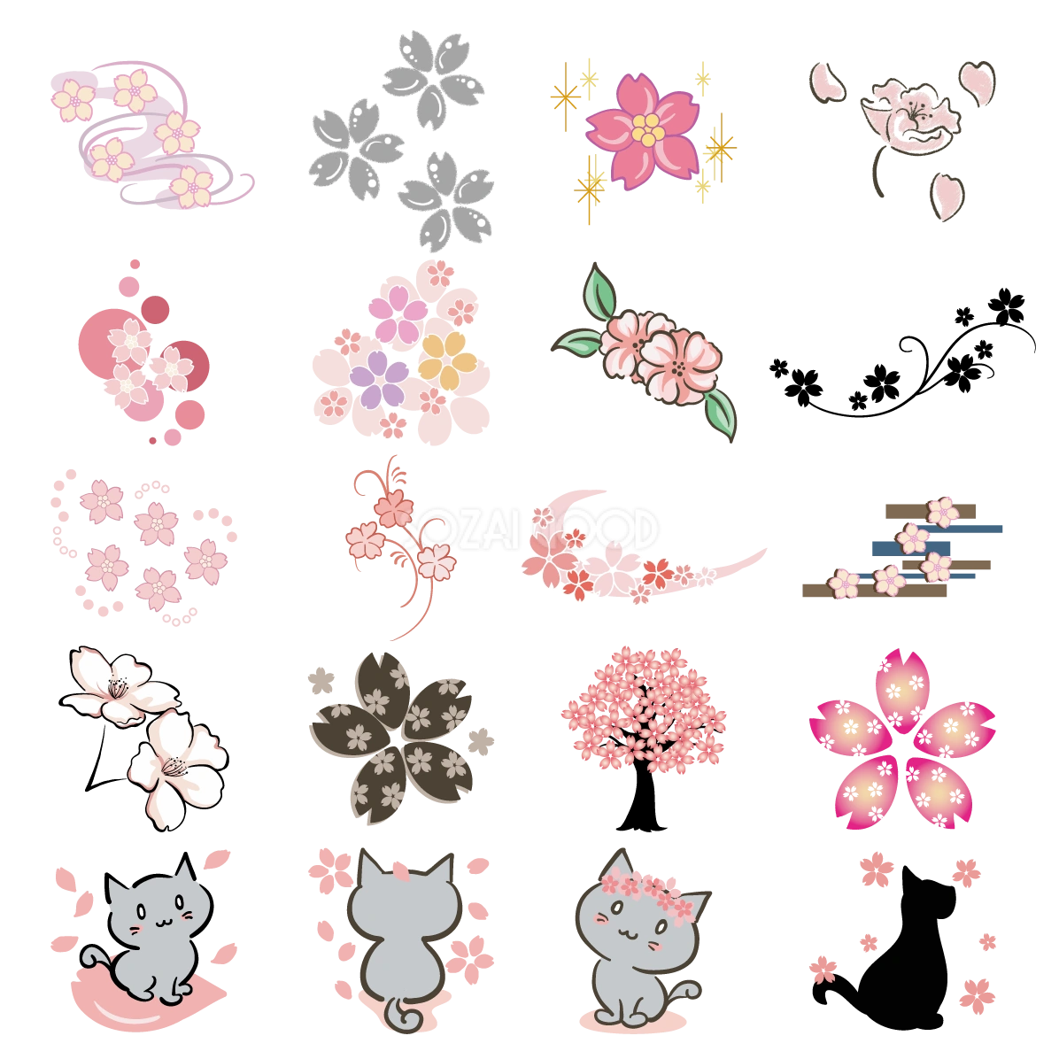 桜 花びら 木 猫 イラスト セット素材集 無料 フリー91607