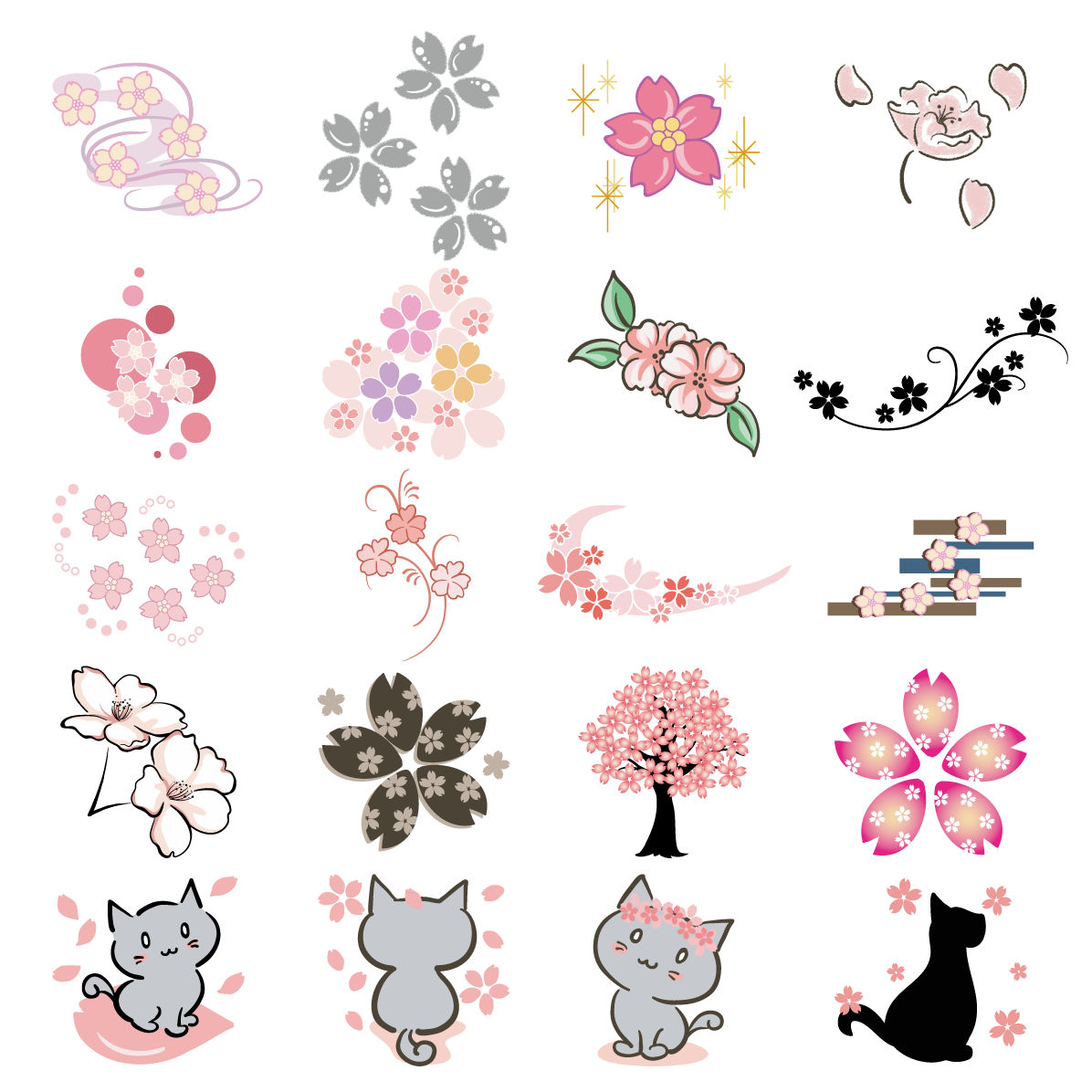 桜 花びら 木 猫 イラスト セット素材集 無料 フリー91607に写真・文字を入れる