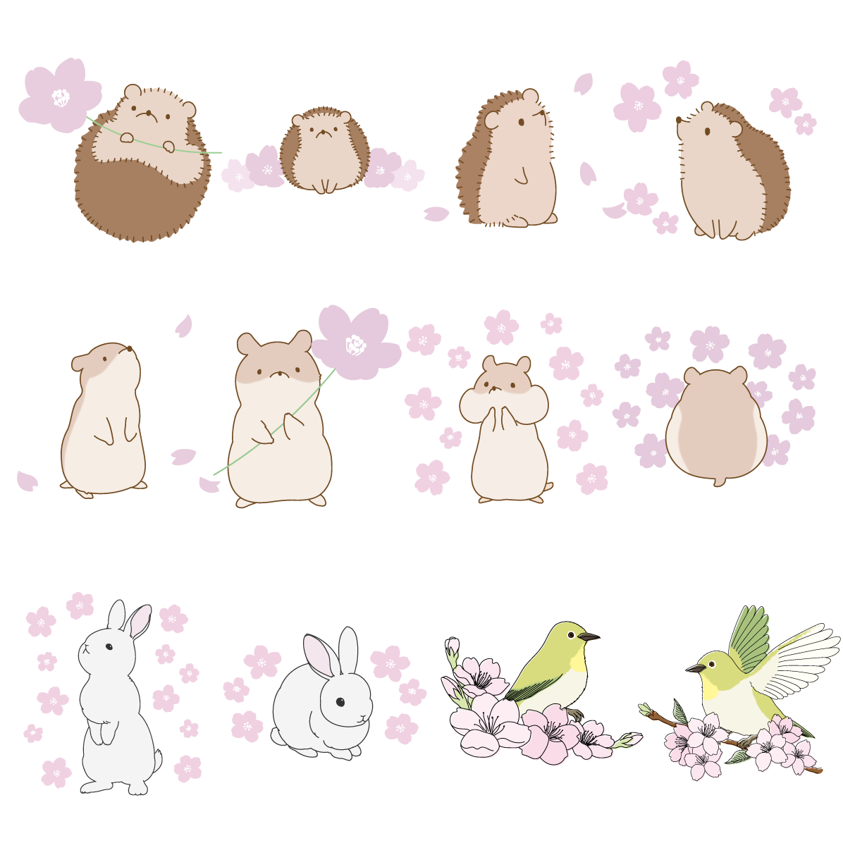 桜 うぐいす うさぎ ハムスター ハリネズミ イラスト セット素材集 無料 フリー91609に写真・文字を入れる