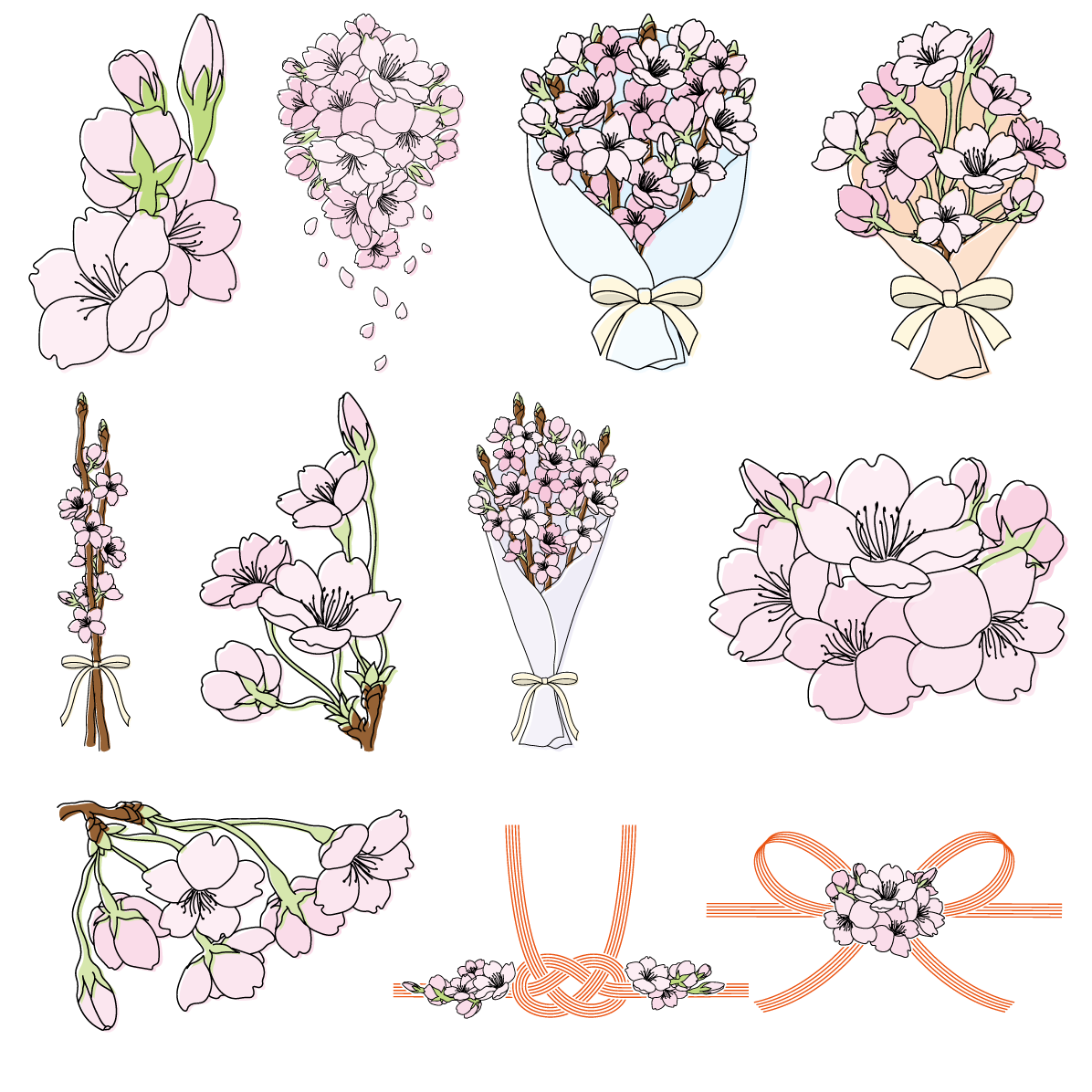 桜 イラスト 和風 水引 花束 ブーケなど セット素材集 無料 フリー91613に写真・文字を入れる