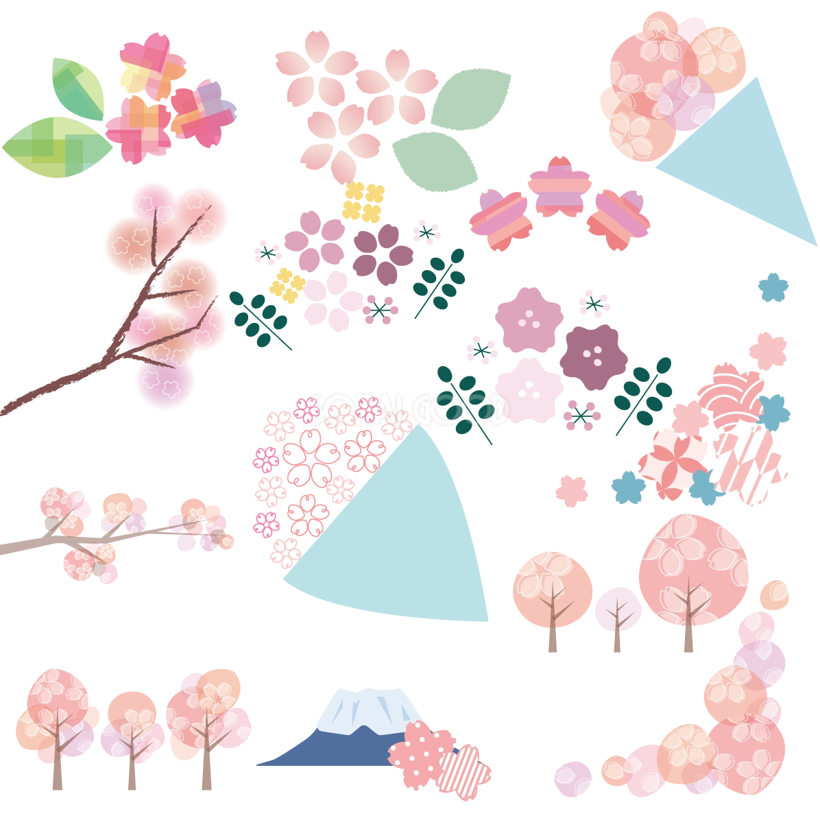 桜 イラスト かわいい セット素材集 花束 富士山 枝など 無料 フリー91614