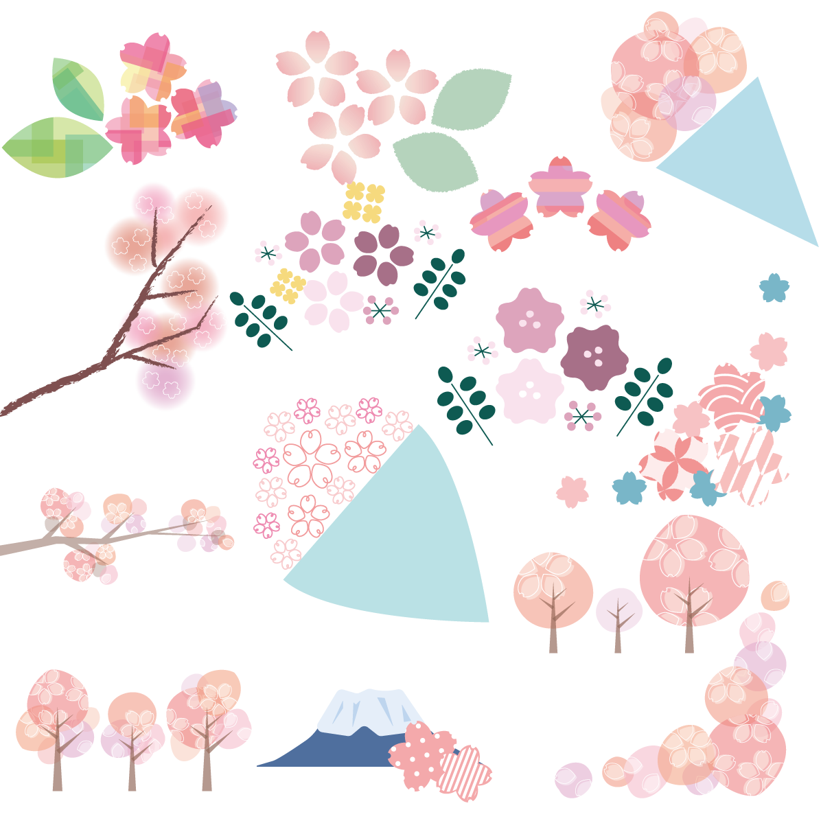 桜 イラスト かわいい セット素材集 花束 富士山 枝など 無料 フリー91614に写真・文字を入れる
