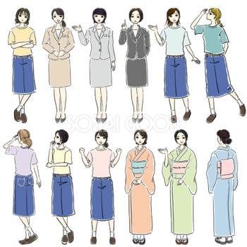 女性 イラスト おしゃれ 案内 後ろ姿 和服 スーツ OL 全身 セット素材集 無料 フリー91619